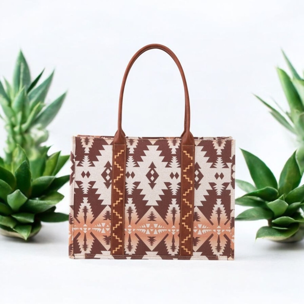 NWT Cream and Brown Geometric Tote Bag with Leather Handle